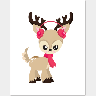 Christmas Reindeer, Cute Reindeer, Red Scarf, Xmas Posters and Art